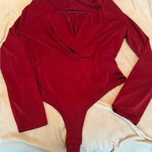 Women’s XL SHEIN Red Wrap V-Neck Bodysuit Long Sleeve